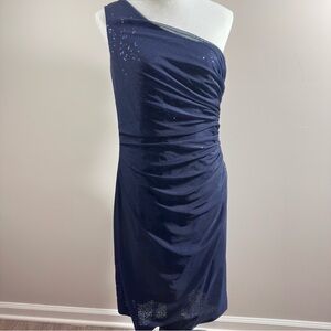 Lauren Ralph Lauren Dress Size 14 Navy Blue Sequin One Shoulder Sheath Ruchet